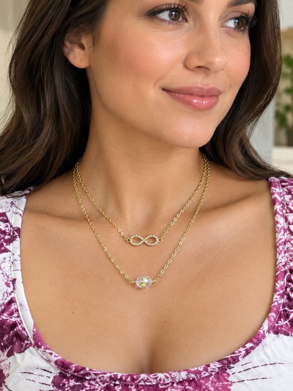 Handmade Gold Plated Two-Strand Necklace, Infinity Symbol & Swarovski Crystal